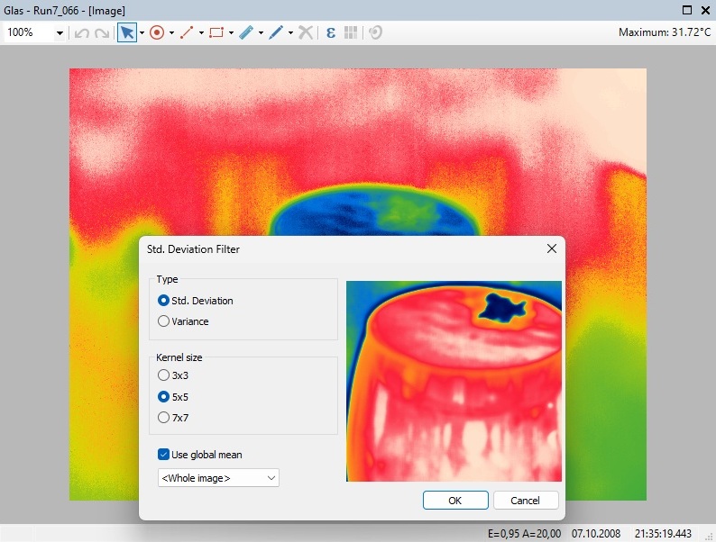 Analyzer standard deviation filter dialog over a thermal image, showing deviation and variance modes, kernel sizes, and a filtered preview