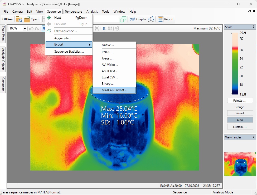 Analyzer Sequence Export menu over a thermal image, with MATLAB, CSV, ASCII, image, video, and binary output formats