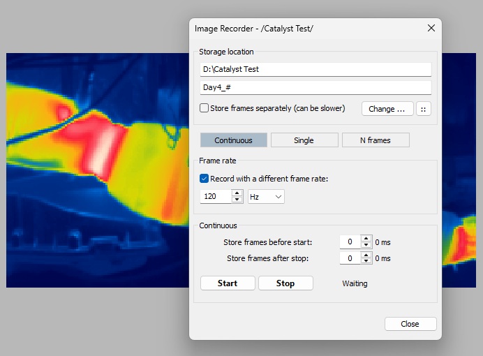 Analyzer image recorder with continuous, single-image and fixed-frame modes, recording rate, and pre-start and post-stop frame settings