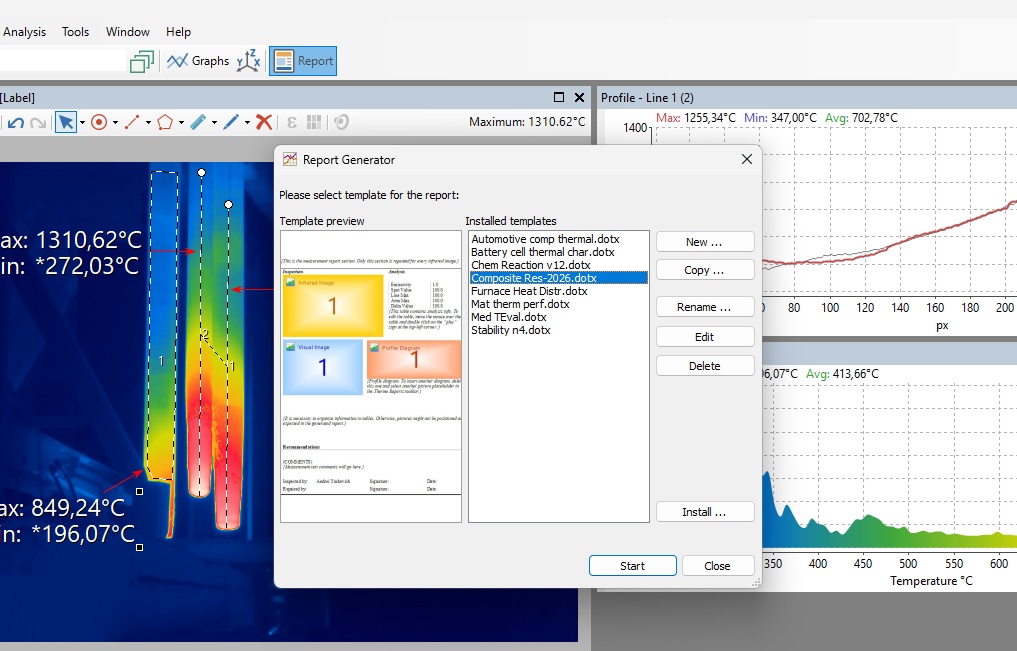 Analyzer Report Generator selecting a reusable Word template over a thermal image and analysis graphs
