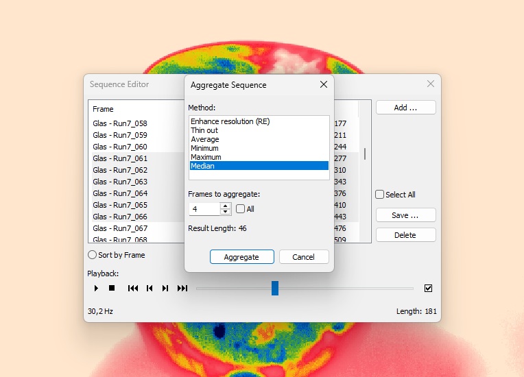 Analyzer Sequence Editor with an Aggregate Sequence dialog set to the median of four frames