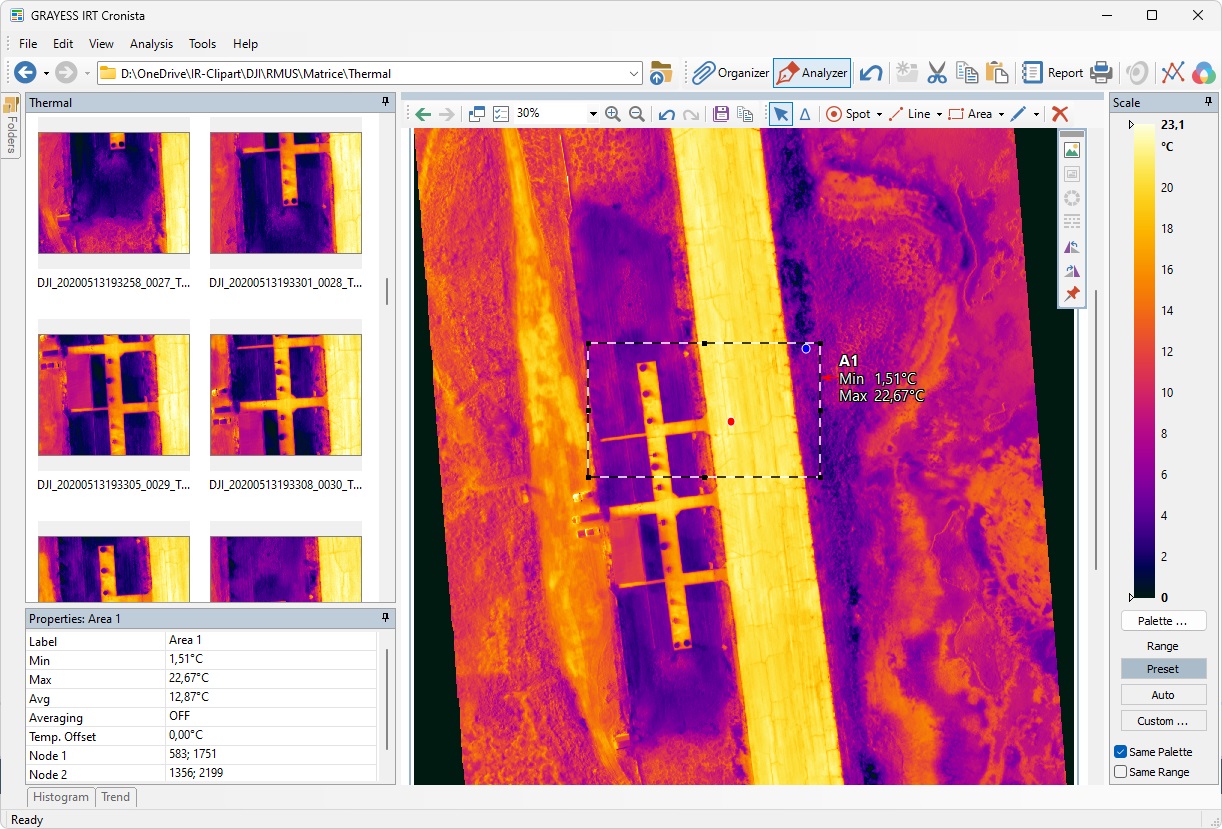 IRT Cronista displaying a thermal orthomosaic with temperature measurements.