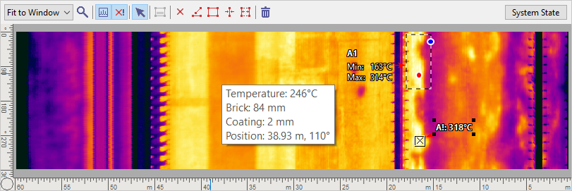KilnMonitor shell temperature map with area and spot measurements, kiln position and estimated brick and coating values