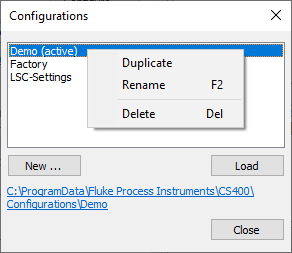 configuration selection dialog