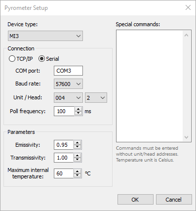 mi pyrometer setup dialog