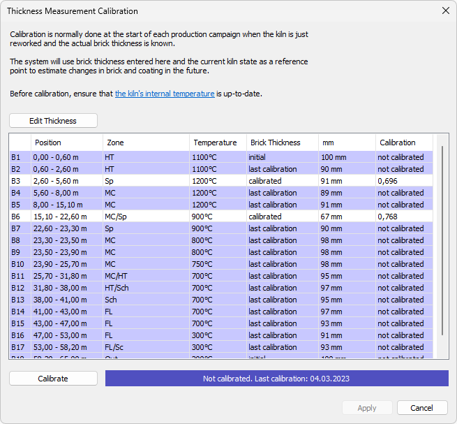 thickness measurement calibration dialog